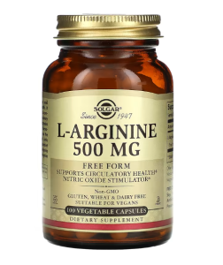 Solgar L-Arginine 500 mg L-argininas Azoto oksido stiprintuvai Prieš treniruotę ir energija Amino rūgštys